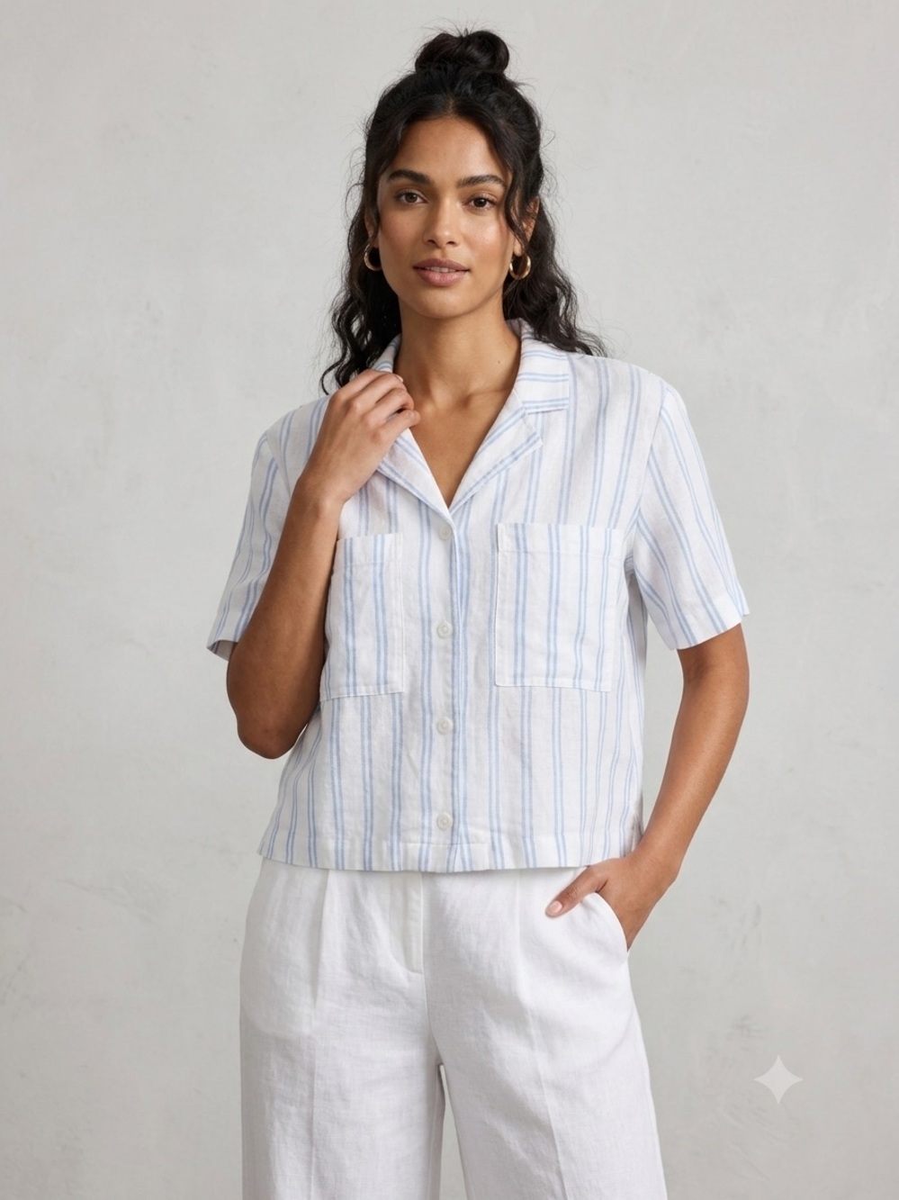Buffalo David Bitton White and Light Blue Striped Camp Shirt Women’s Size Medium